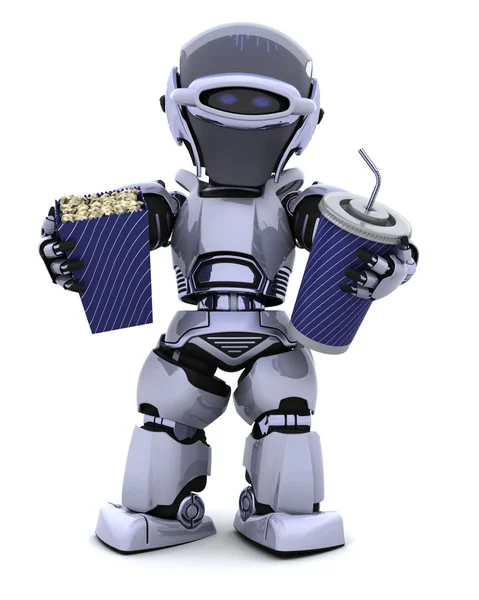 Roboter mit Popcorn-Eimer und Limo — Stockfoto