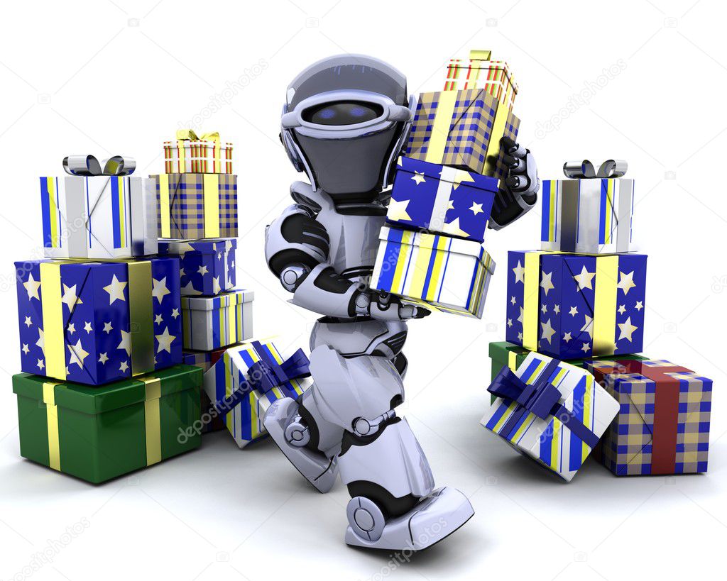 Robot with big stack of gifts