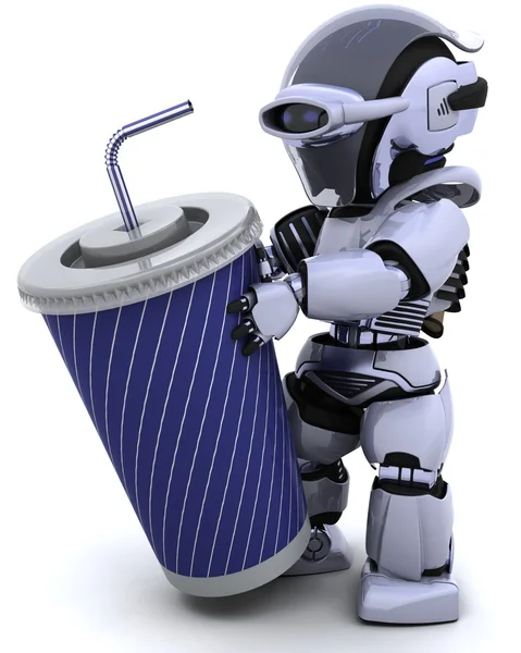 Robô com um copo de refrigerante gigante e palha — Fotografia de Stock