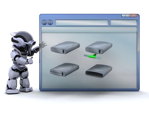 Robot with computer window and drive icons — Stock Photo, Image