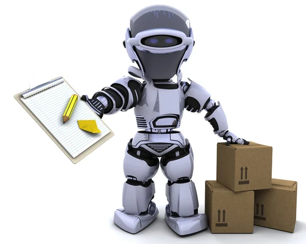 Robot with clipboard and boxes — Stock Photo, Image