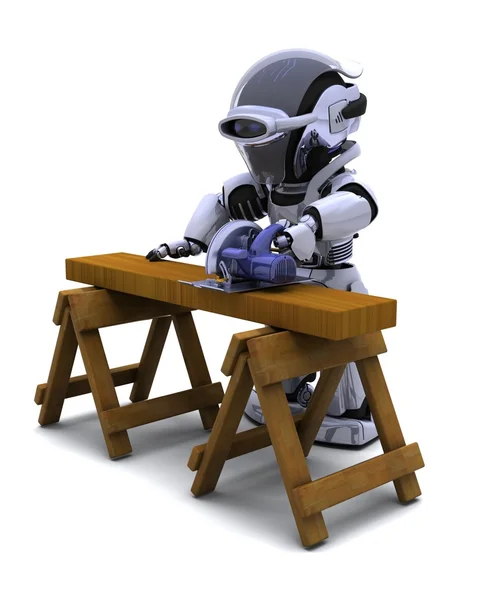 Robot with power saw cutting wood — Stock Photo, Image