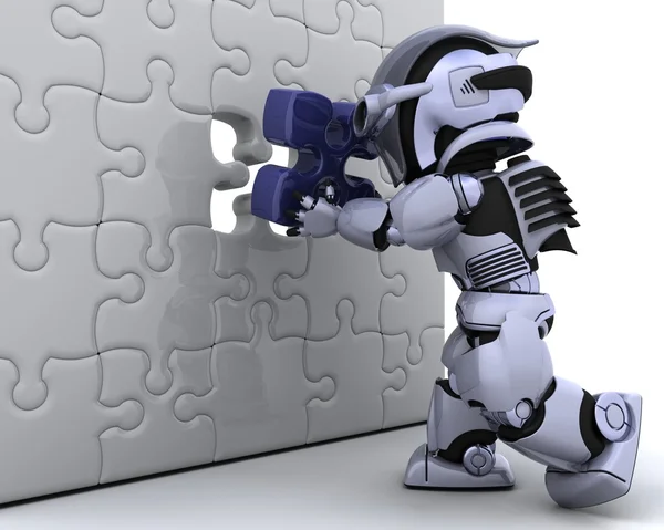 Robot with the final piece of the puzzle — Stock Photo, Image