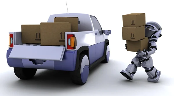 机器人与一辆卡车后面的加载框 — 图库照片