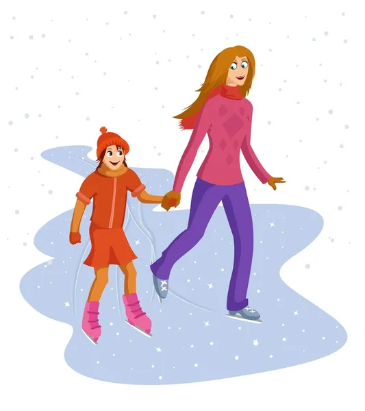 妈妈和滑冰的女孩 — 图库矢量图片