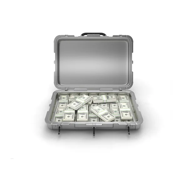 Серый чемодан с деньгами — стоковое фото