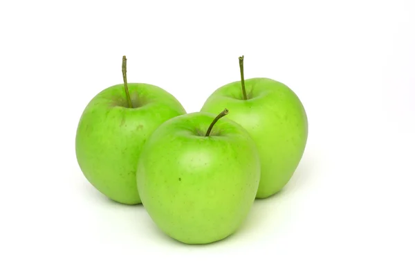 Tre Gröna Äpplen Vit Bakgrund — Stockfoto