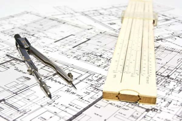 Engineering blueprint och verktyg — Stockfoto