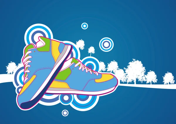 Sneaker with blue forest background — Stock Photo, Image