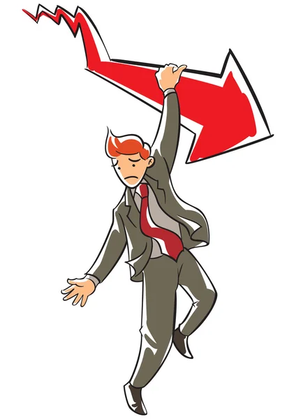 Frowning executive hanging on a falling red arrow — Stock Photo, Image