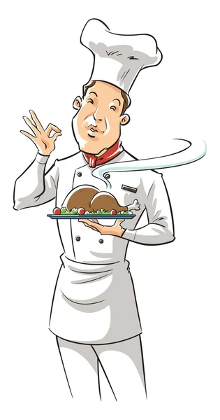 Illustrazione di uno chef che tiene delizioso piatto — Foto Stock