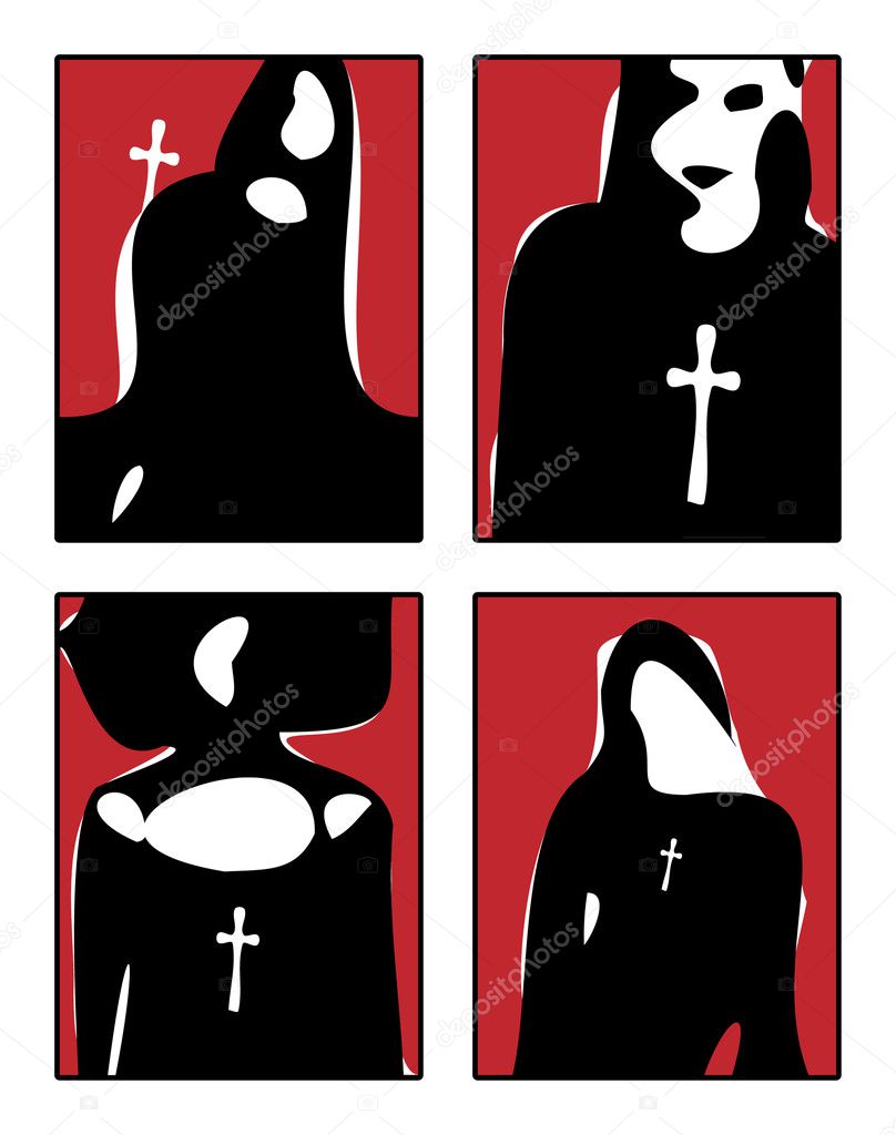 Rough vector sketches of girls with crosses in black white and red