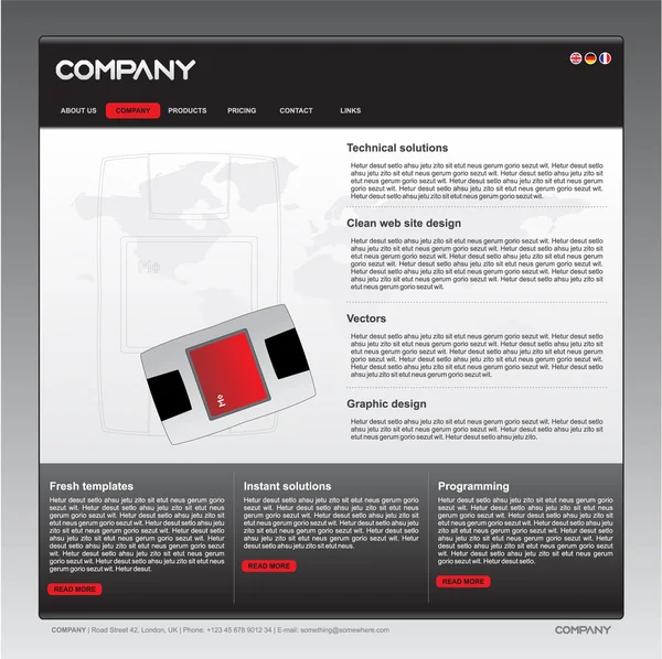 Plantilla de diseño de sitio web de vector limpio en negro, blanco, gris y rojo — Vector de stock