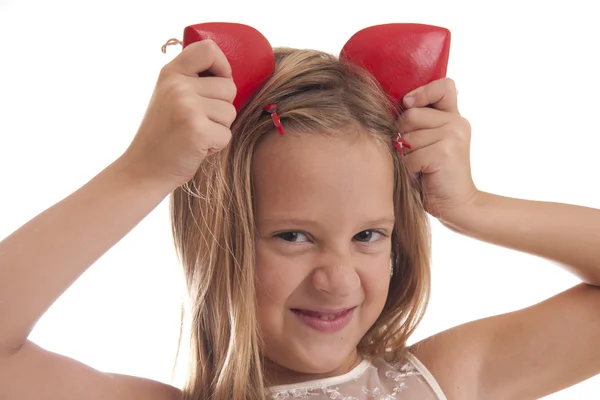 Girl with red hearts on her head — Stock Photo, Image