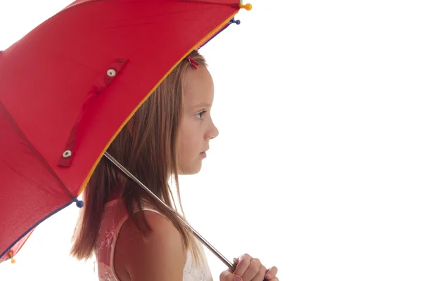 Chica con paraguas rojo sobre fondo blanco —  Fotos de Stock