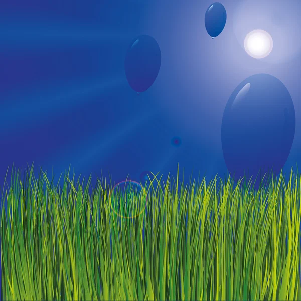 Hierba y cielo soleado con globos — Vector de stock