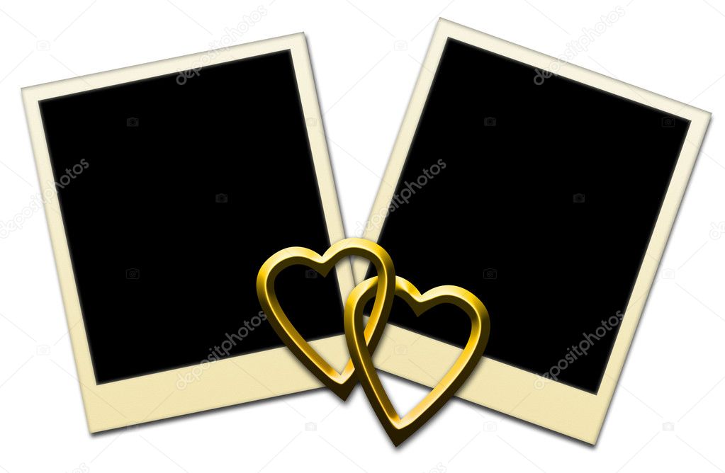 Blank Photo Frames With Golden Hearts - Isolated on White