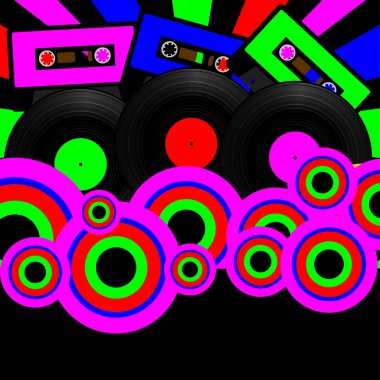 Retro Party Background - Retro Audio Cassette Tapes and Vinyl Records clipart