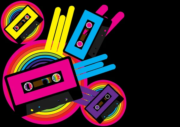 レトロなパーティーの背景 オーディオ カセット テープと黒の背景に多色図形 — ストックベクタ