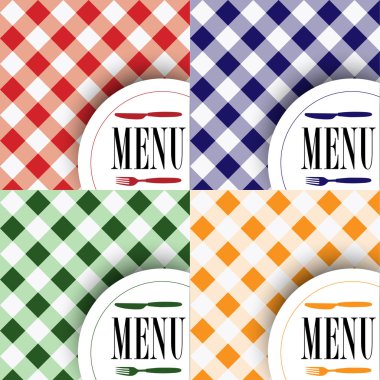 Set of Menu Card Designs - Gingham Texture With Cutlery and Menu Sign clipart