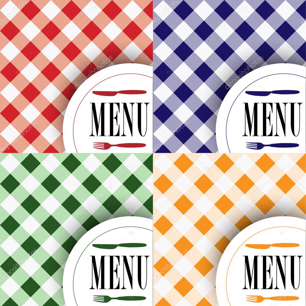 Set of Menu Card Designs - Gingham Texture With Cutlery and Menu Sign