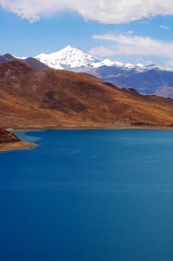 kar dağlar ve Tibet Mavi Göl manzara