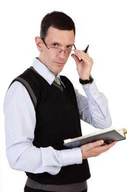 The businessman with the daily log isolated on a white backgroun clipart