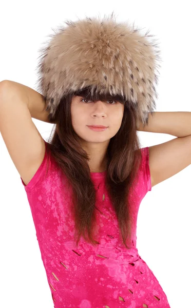 Genç kız güzel bir kürk şapka — Stok fotoğraf