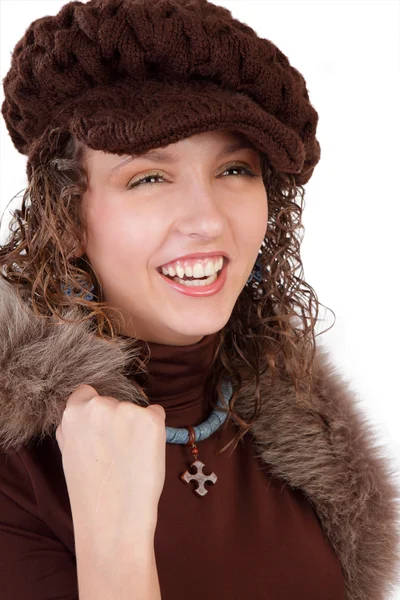 F gyönyörű téli kalap nő — Stock Fotó