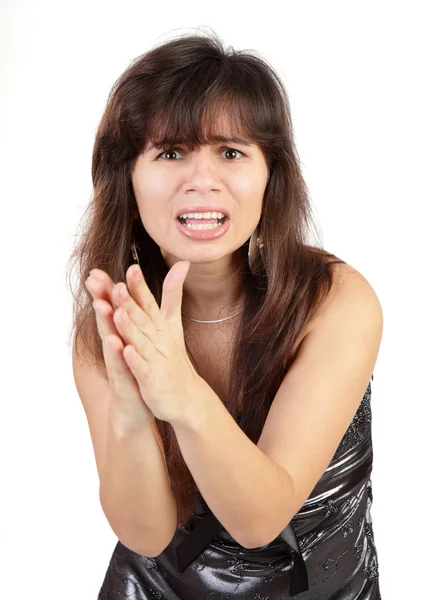 A doubtful young woman in gesture of asking with her — Stock Photo, Image
