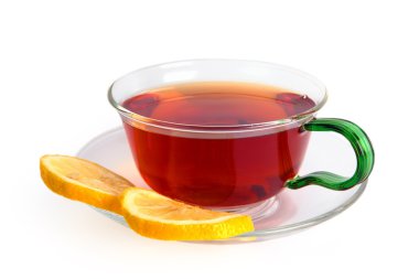 Tea with a lemon in a glass cup isolated on a white background clipart