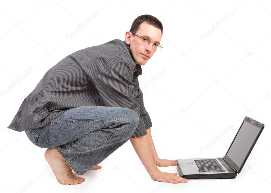Guy with the laptop isolated