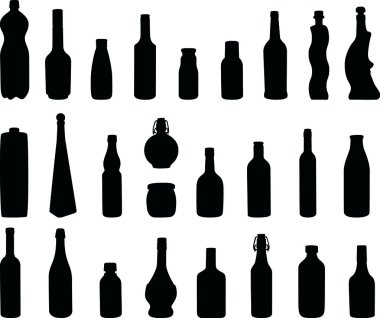 Several bottles type silhouettes for wine, water and drinks isolated on white clipart