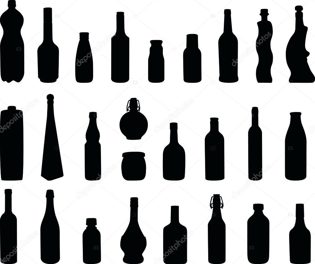 Several bottles type silhouettes for wine, water and drinks isolated on white