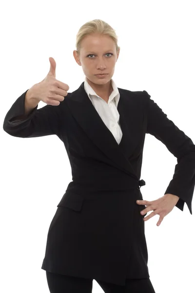 Retrato de una joven mujer de negocios caucásica con el pulgar hacia arriba y agresivo ai —  Fotos de Stock