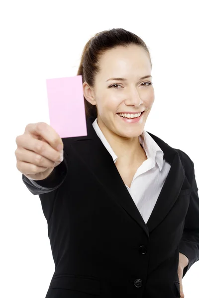 Young businesswoman holding sheets of paper on white background studio — Stock Photo, Image