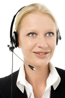Portrait of a young caucasian operator smiling with headphone and microphone clipart