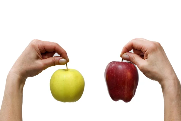 Hände Die Einen Gelben Und Einen Roten Apfel Halten — Stockfoto