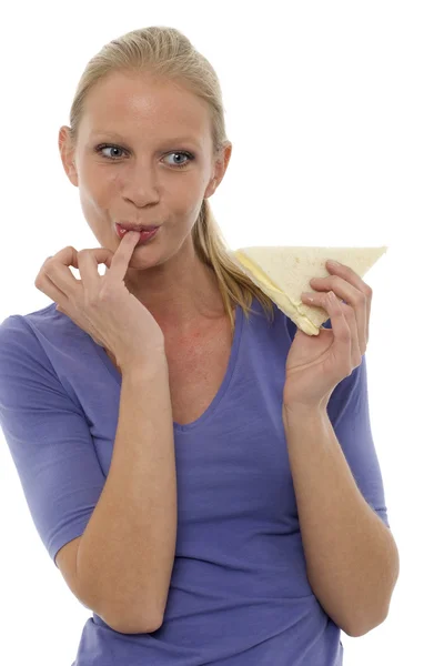 Retrato Una Joven Caucásica Con Dedo Boca Comiendo Sándwich —  Fotos de Stock