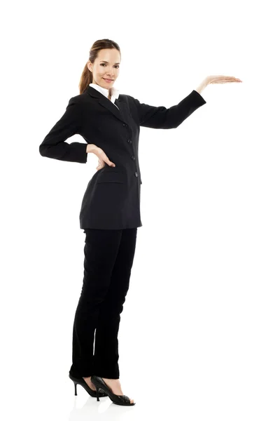 Junge Geschäftsfrau Mit Erhobener Hand Auf Weißem Hintergrund Studio — Stockfoto