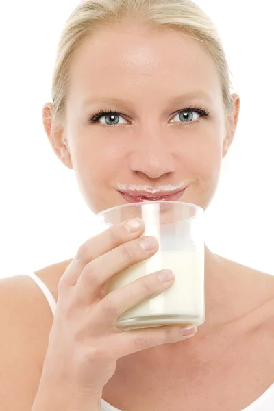 Portrait Young Caucasian Woman Mustache Dirty Milk Glass Milk Hand — Stock Photo, Image