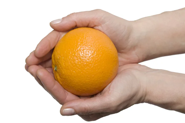 Hand holding an orange isolated on white background — Stock Photo, Image