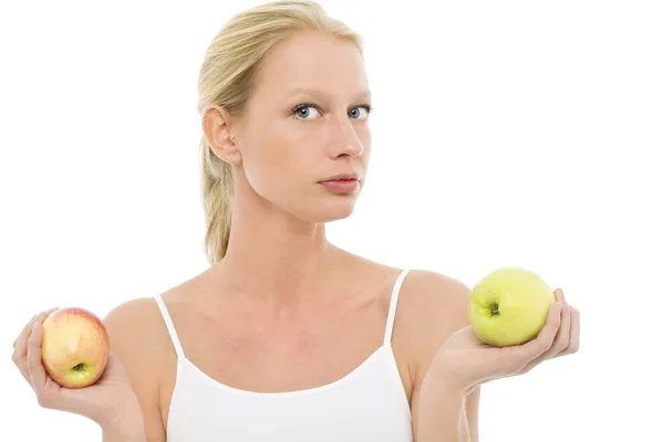 Portrait of a young beautiful caucasian woman with apples in the hands and — Stock Photo, Image