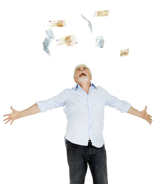 Old man throws money in the air — Stock Photo, Image