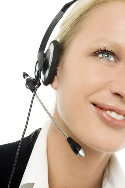 Portrait of a young caucasian operator smiling with headphone and microphon — Stock Photo, Image