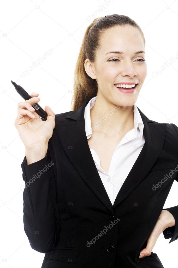 Young businesswoman holding a marking pen on white background studio