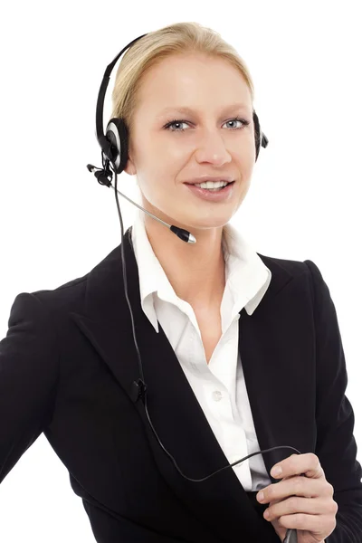 Portrait Young Caucasian Operator Smiling Headphone Microphone — Stock Photo, Image