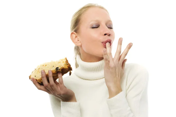 Portrait of a young caucasian woman wearing a white turtleneck sweater and — Stock Photo, Image