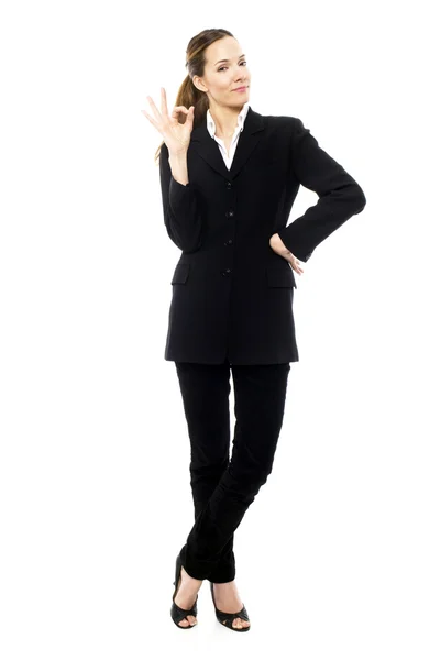 Junge Geschäftsfrau Mit Ihrer Hand Zeigt Auf Weißem Hintergrund Studio — Stockfoto