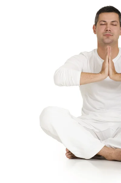 Uomo Vestito Bianco Seduto Sul Pavimento Praticare Yoga — Foto Stock